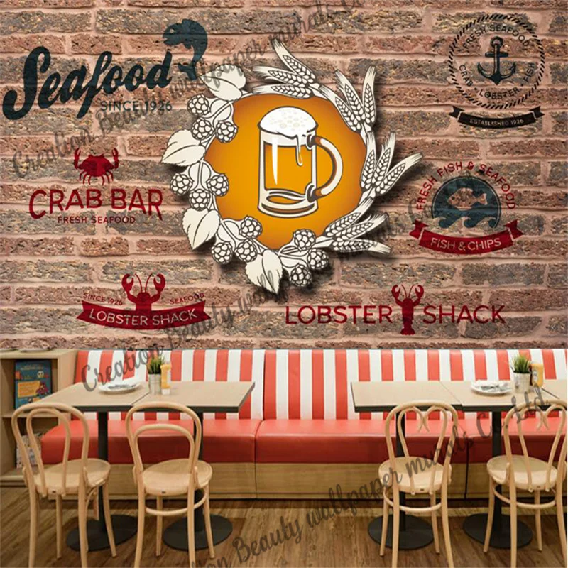 Custom Brick Wall Beer Wallpaper Industrial Decoration Mural Seafood Restaurant Kitchen Bar Background Wall Papel Tapiz