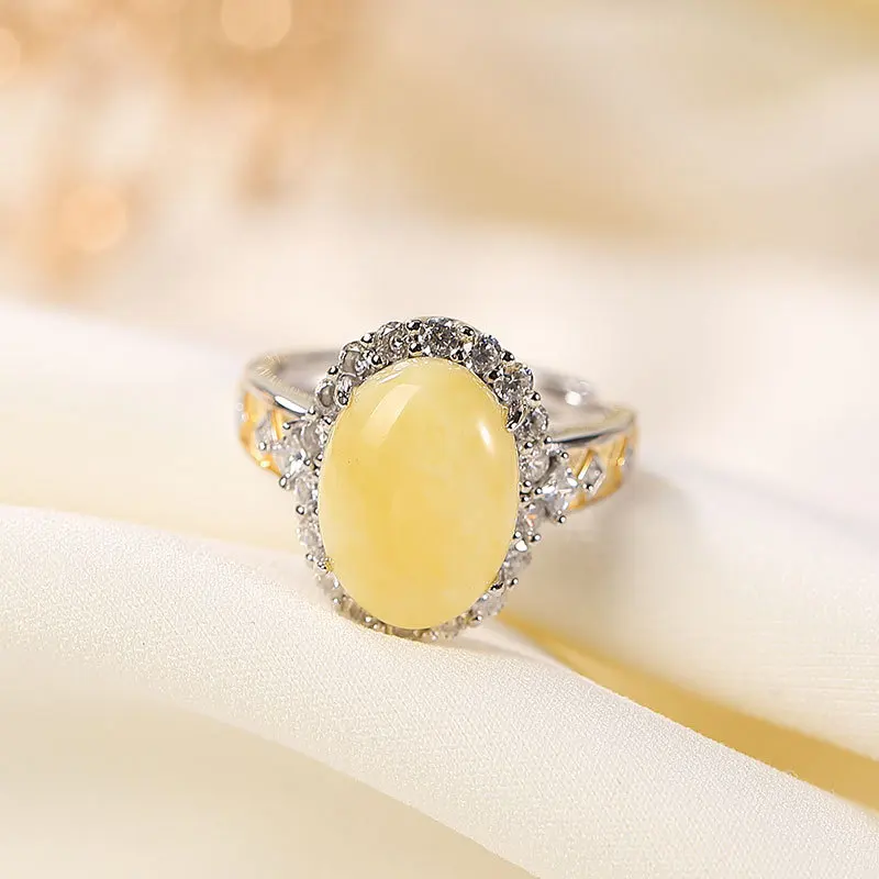 

S925 Sterling Silver Gold-Plated Inlaid Open Natural Fashionable Elegant Women'S Amber Ring