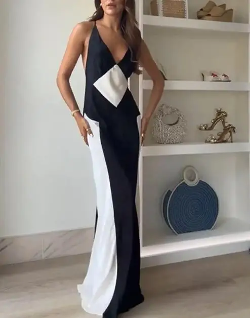

2025 Summer Women's New Sleeveless Fashion Black and White Contrast Sexy Strap Long Dress