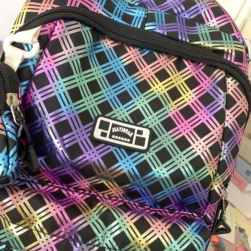 14 Inch laptop Y2K Laser Backpacks Women Large Backpacks Plaid Leisure Or Travel Bags Shiny School Bags For Girls Big Book Bags