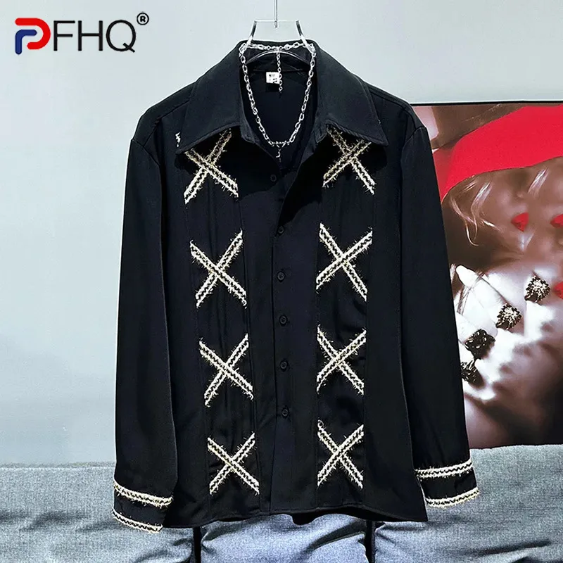 

PFHQ Men's Casual Shirt Autumn Korean New Niche Loose Versatile Splicing Design Trendy Turn-down Collar Male Tops 21Z6098