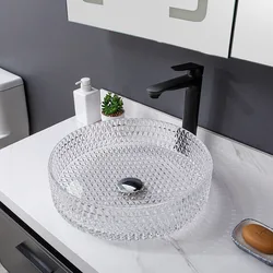 Bathroom Sink Transparent Art Glass Round Diamond Crystal Wash Basin Deluxe Dresser