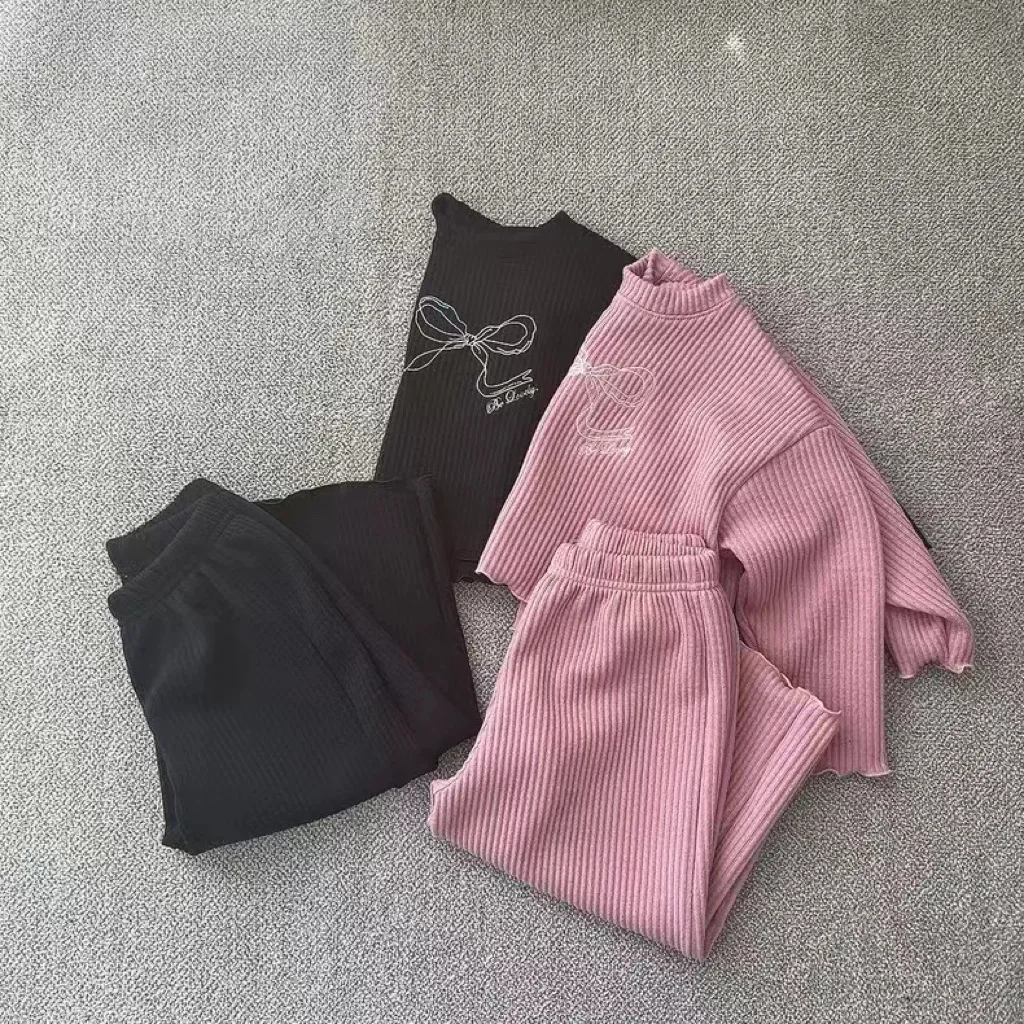 

2025 Autumn New Baby Long Sleeve Clothes Set Girls Bow Print Tops + Wide Leg Pants 2pcs Suit Fashion Kids Cotton Outfits