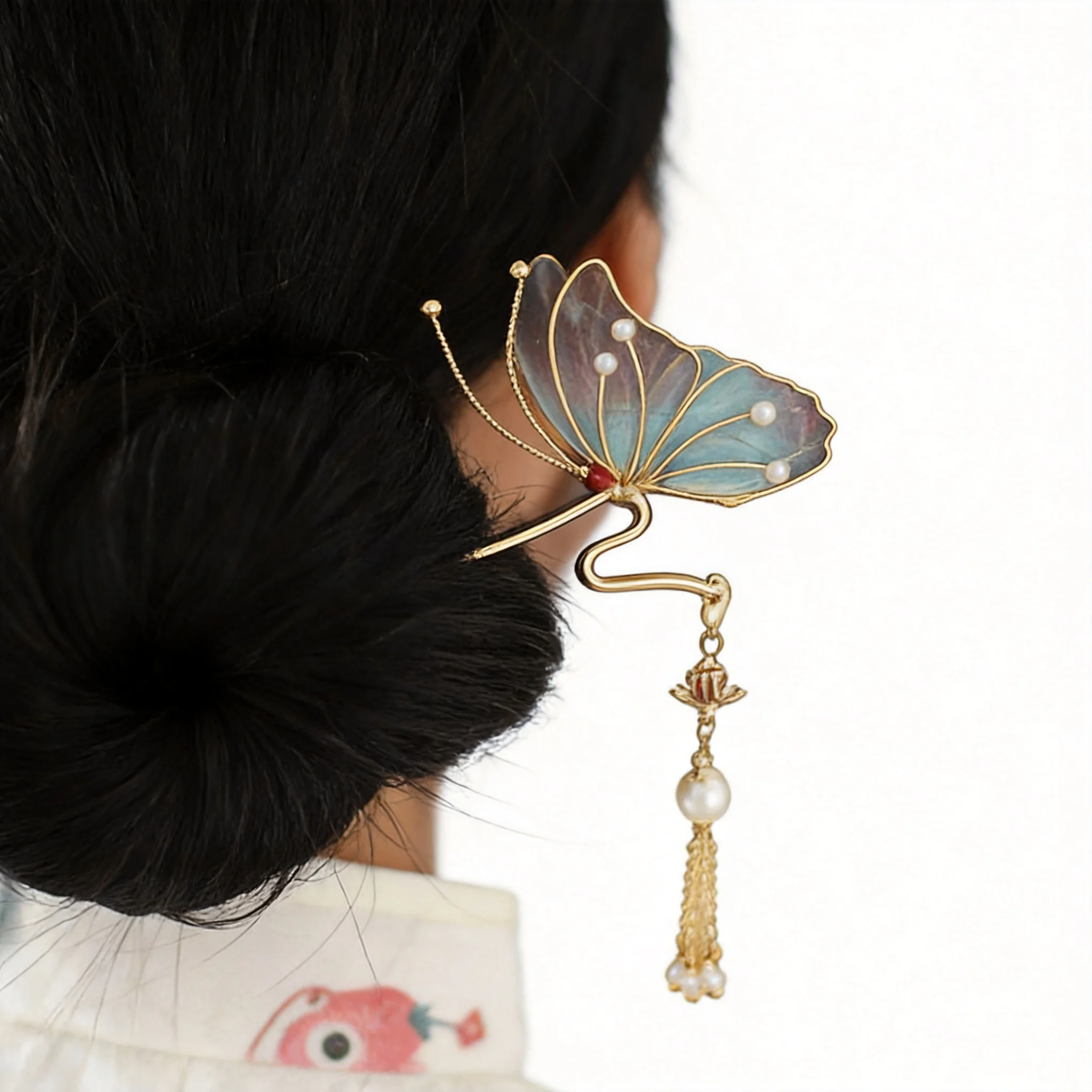 中国風の幸運の祝福グラデーションバタフライタッセルヘアスティックヴィンテージ漢服チャイナドレスヘアアクセサリー伝統的な美学