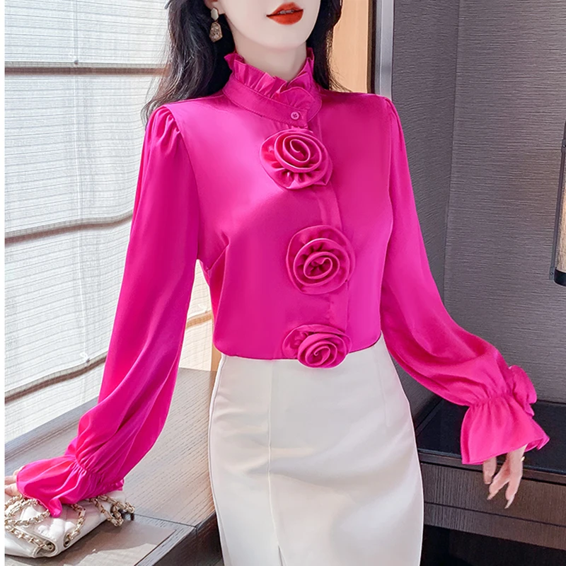 ZJYT 3D Floral Satin Shirts&Blouses Women Spring Office Lady Long Sleeve Blusas Female Tops Ruffled Collar Fashion Party Camisas