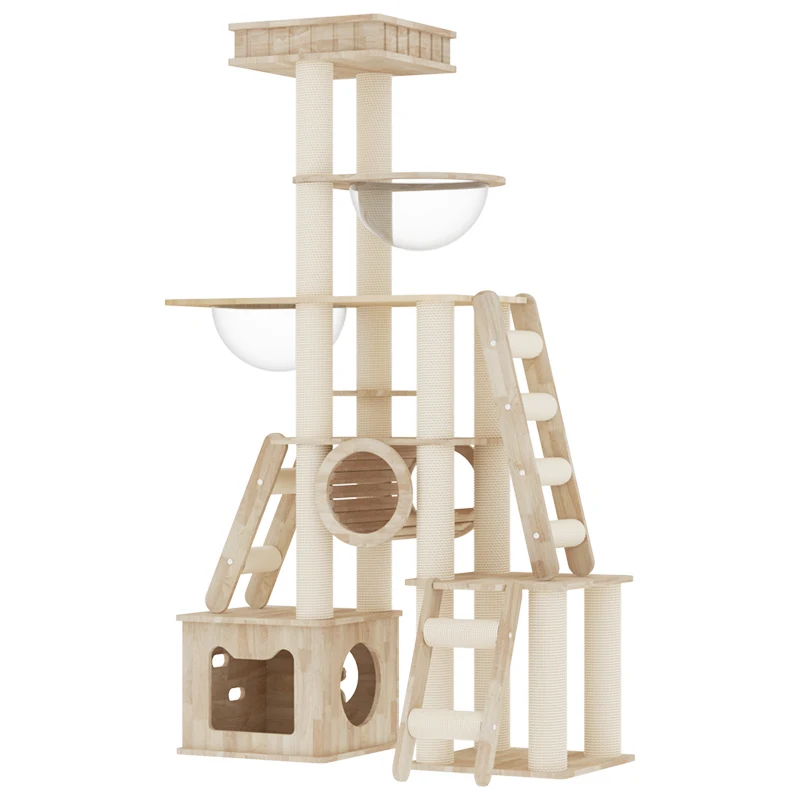 Indoor Wooden Pet Cat Scratching Post Jumping Platform Cat Tree Sisal Multiple Ladders Climbing Frame With Space Capsule