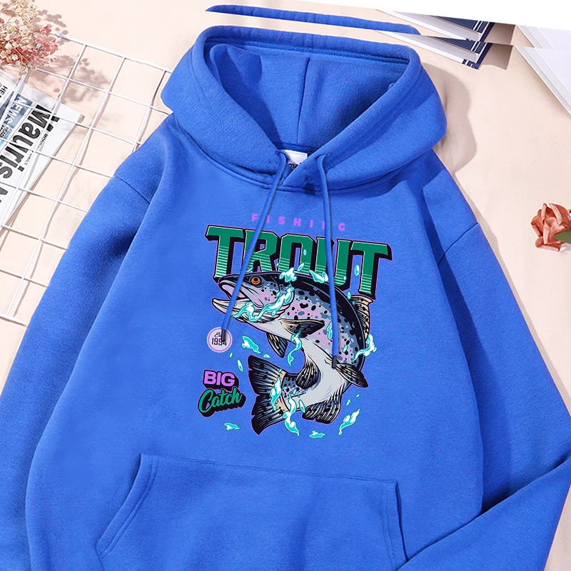 Fishing Trout Print Male Hoodies Vintage Creativty Sweatshirts Fashion Oversized Fleece Sportwear Classic Simple Comfy Clothes