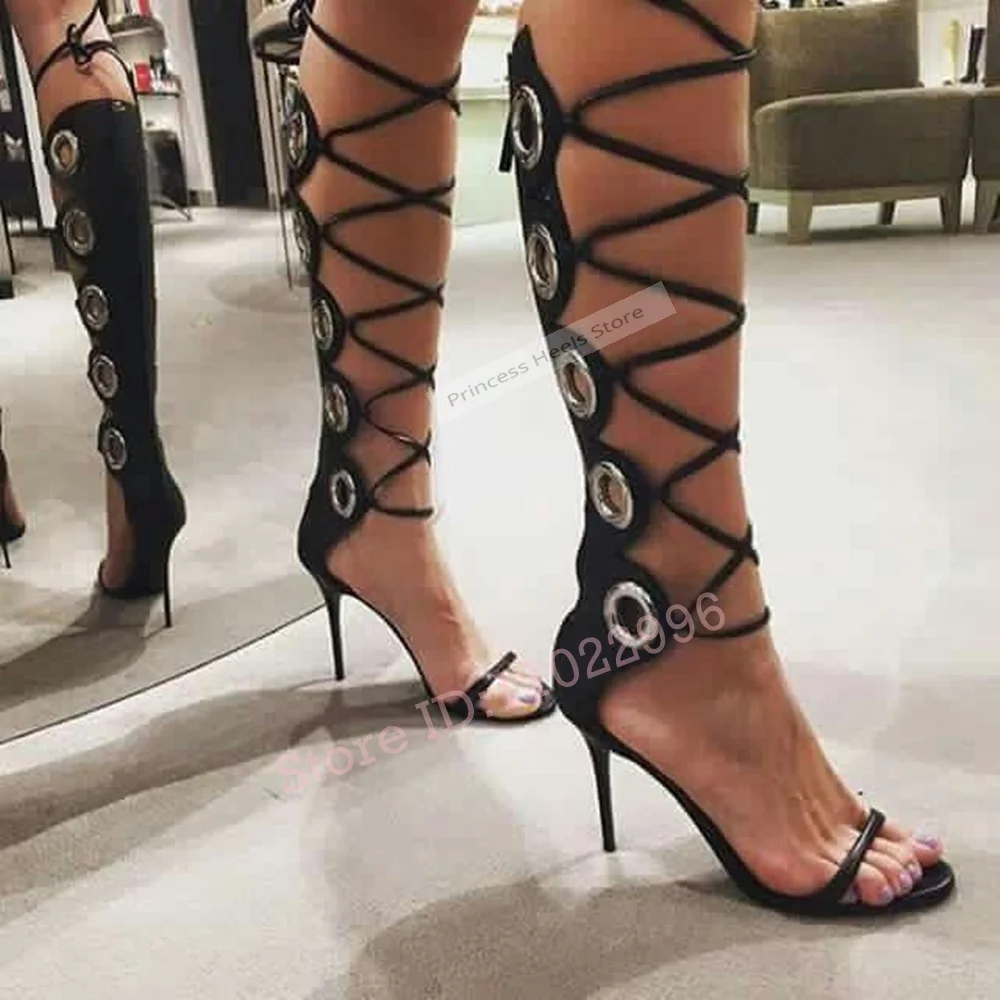 

Cross Straps Open Toe Sandals Hollow Cuts Rings Back Zipper Stiletto Heels Sandals Ladies Summer Shoes Designer Party Casual New