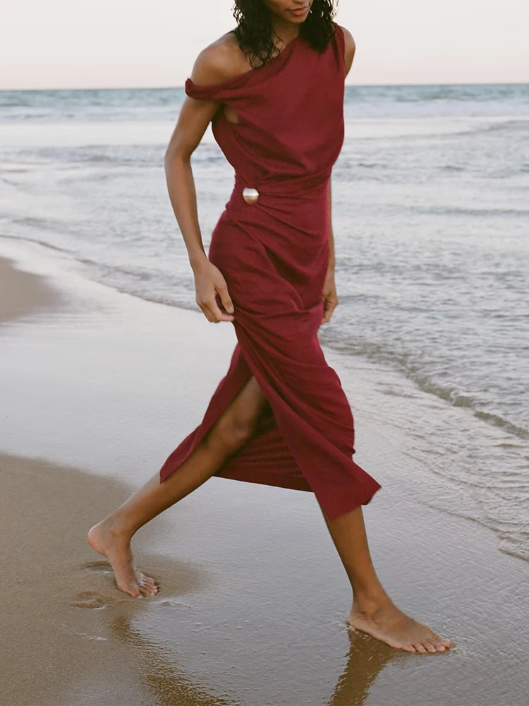 

European and American style summer new products women's clothing slim-fitting split linen blend pleated midi dress