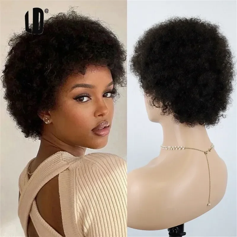 Brasilianische Echthaar-Perücke für schwarze Frauen, Afro-Locken mit Pony, 200 Dichte, voll maschinell hergestellte Kopfhaut-Top-Perücke, natürliche Farbe