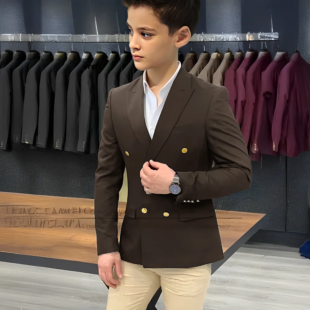 Blazer de boda de 2 piezas para niños, chaqueta de traje de caballero con botones dorados, traje informal ajustado con doble botonadura para niños de negocios, color azul marino
