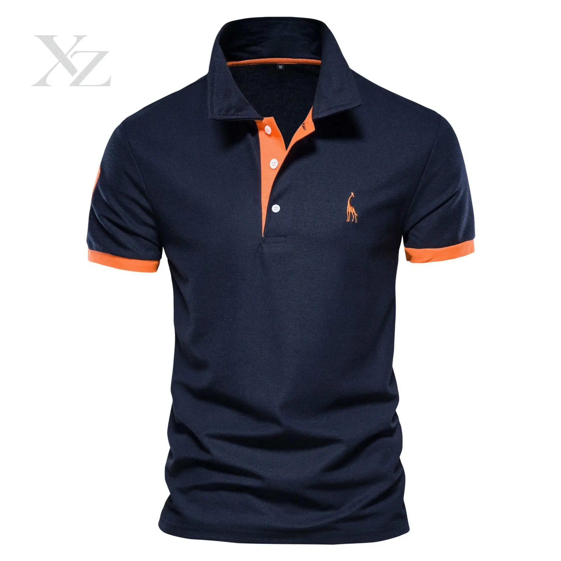 Men's short-sleeve giraffe-embroidered textured mesh polo shirt, relaxed business top, breathable summer wear