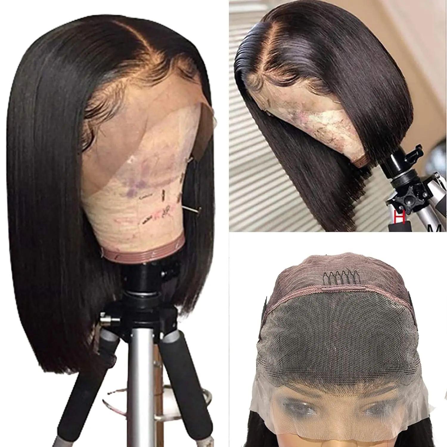 Wig Bob 12 inci rambut manusia 13x4 Wig depan renda lurus rambut manusia ketebalan 180% Wig Bob lurus 15A untuk WANITA HITAM Pre Plucke