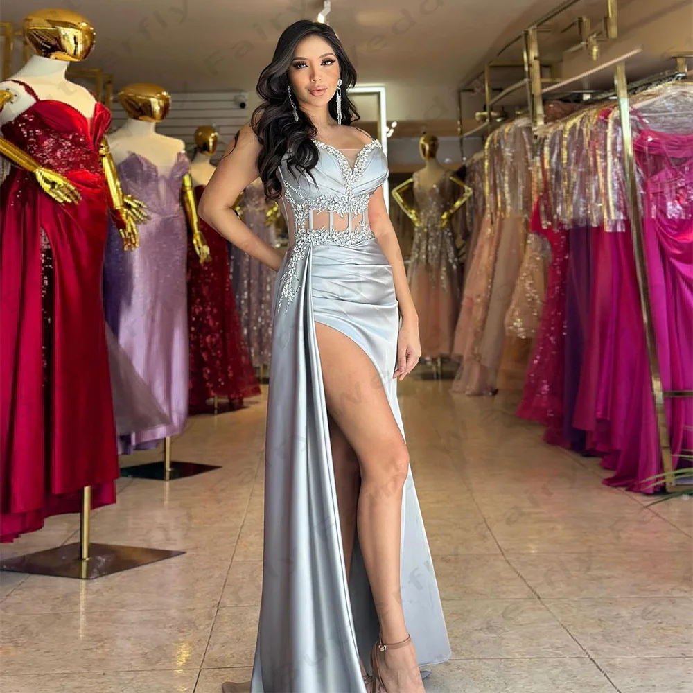 Cathy Silvery Heart Shaped Neck Beaded Prom Dresses Mermaid Cut-out vestidos de fiesta Side High Split Sleeveless Evening Dress