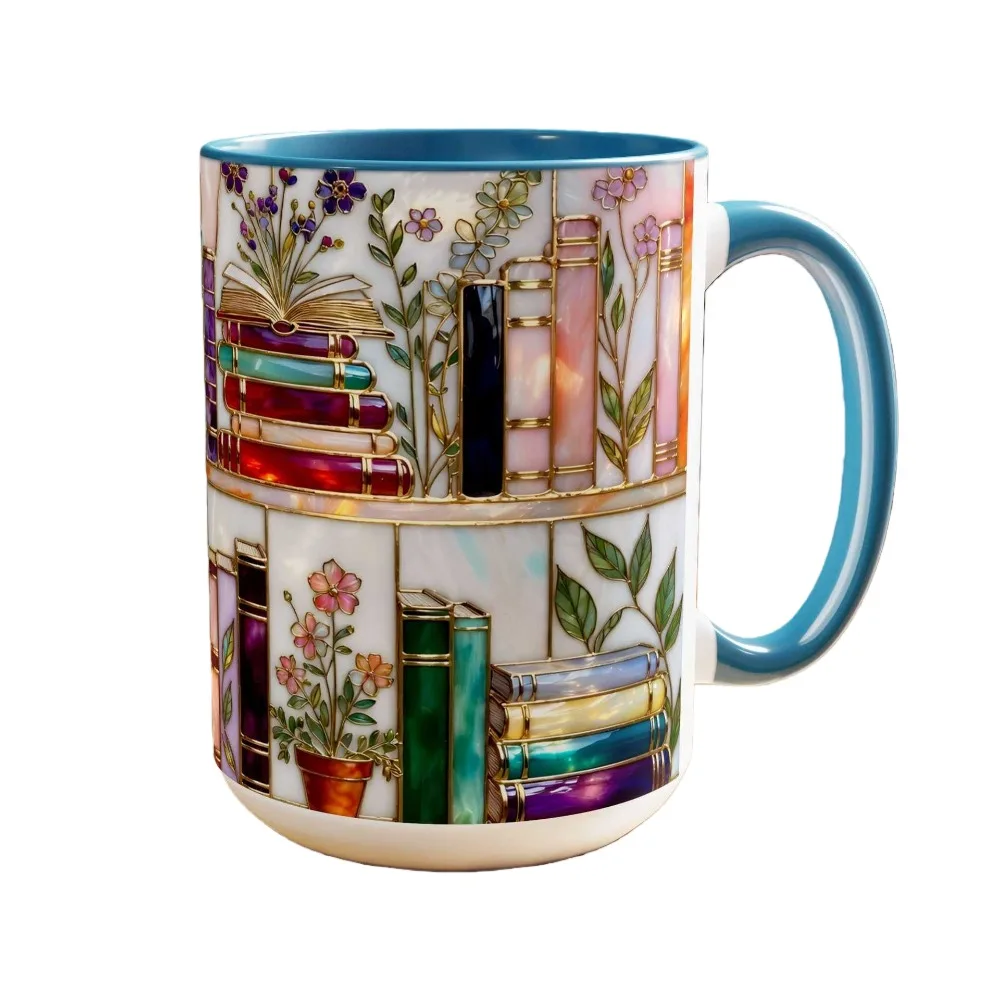 

Керамическая кружка для молока с узором в виде книжной полки, цветная глазурь с бронзовым отливом, забавный подарок для книголюба, цветочная керамическая кофейная кружка, 15 унций, винтажная