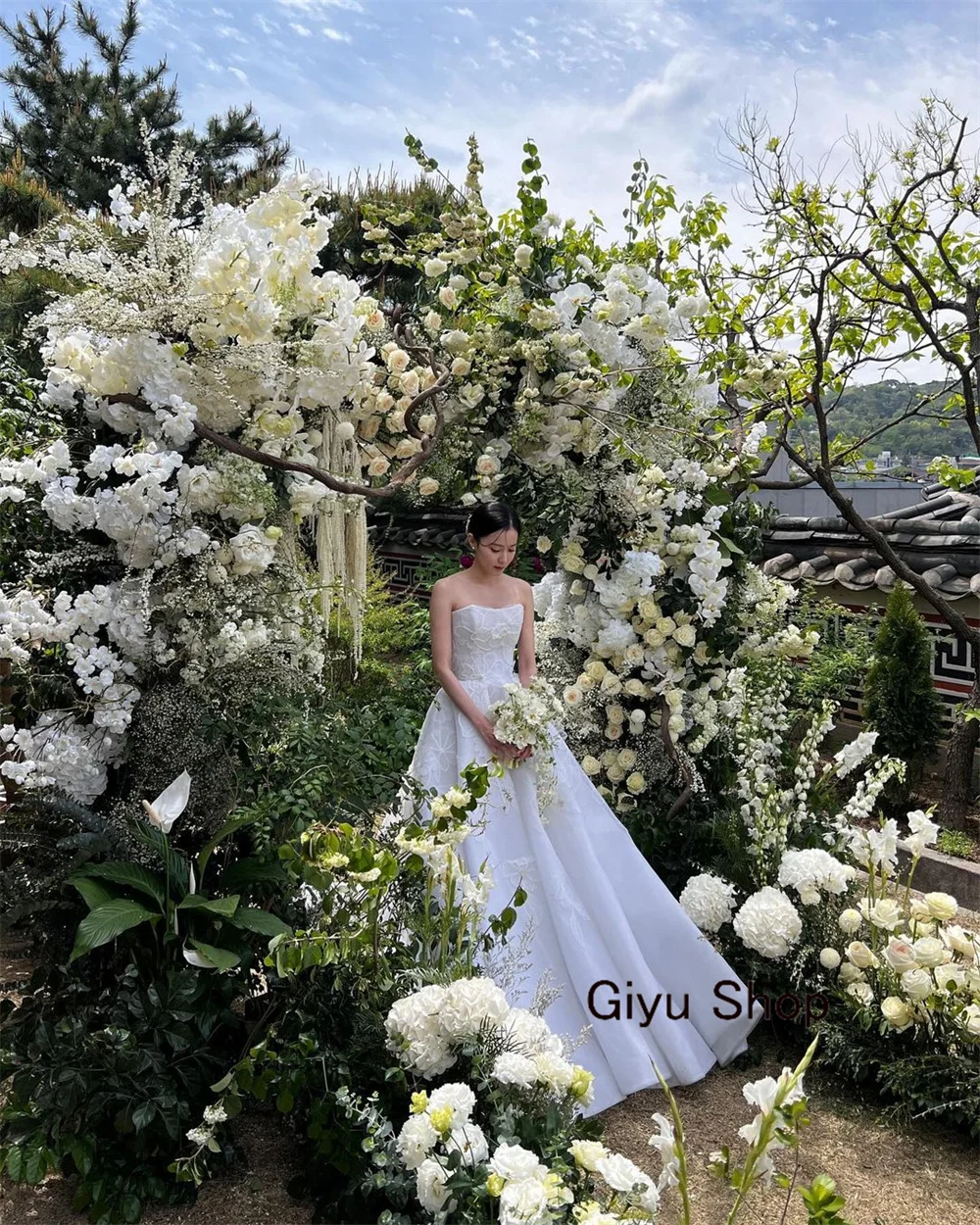 Giyu Fairy Lace Followers Korea Wedding Dress Photoshoot Strapless Sleeveless Floor-length 웨딩드레스 Bridal Gown Evening Dress