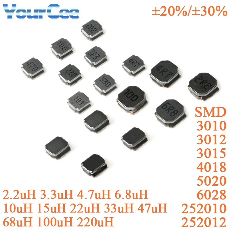 10 piezas de inductores de potencia SMD bobinados 4018 3010 3012 3015 5020 6028 252010 252012 2.2uH ±30% 10uH ±20% 3.3uH 4.7uH 6.8uH 15uH 22uH