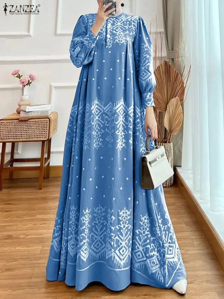 

ZANZEA модное мусульманское платье Абая 2026, женское платье с длинным рукавом и цветочным принтом, хиджаб, сарафан, халат Femme Eid Mubarek, исламская одежда