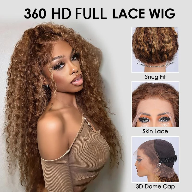 4/27 Highlight Ombre Curly 360 Full Hd Lace Front Wig Honey Blonde Deep Wave Frontal Wig With Invisi Drawstring Human Hair Wigs