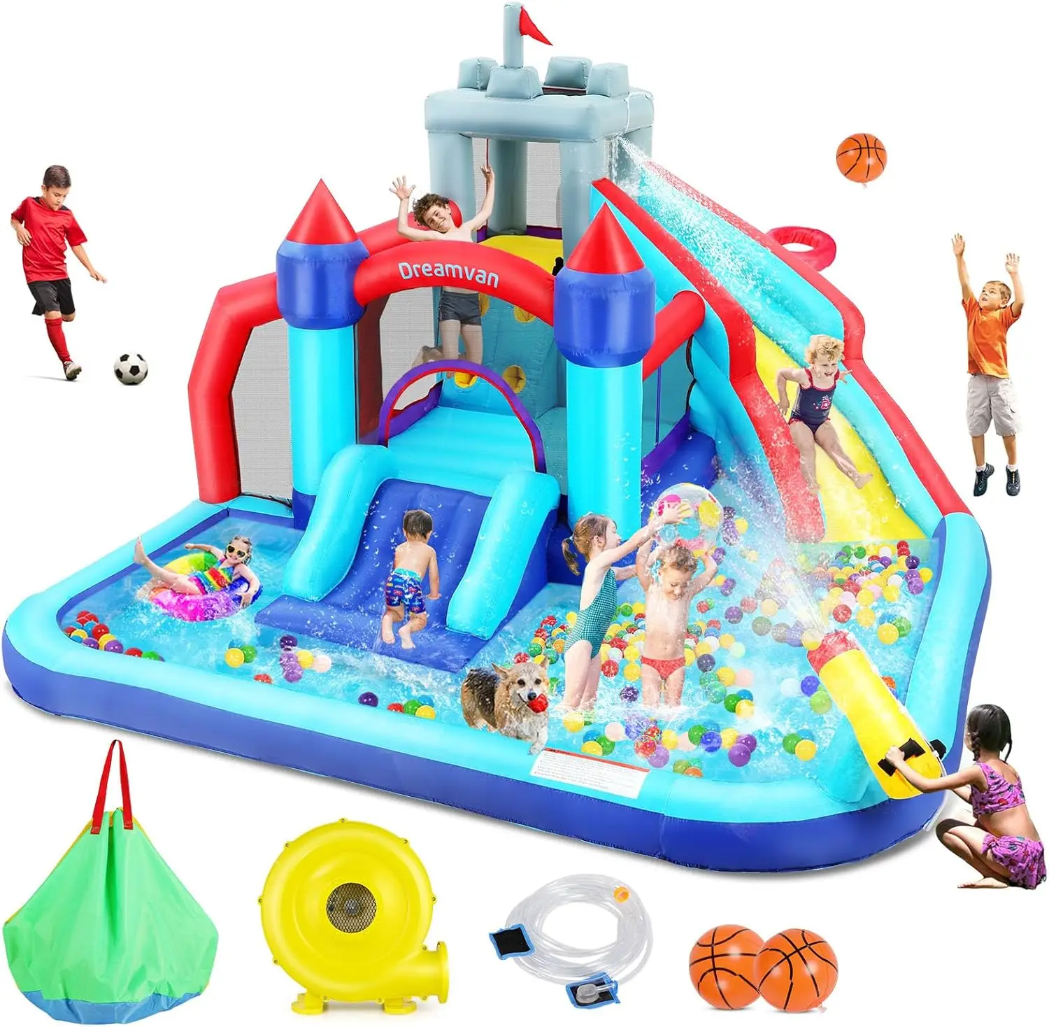 منزلق مائي قابل للنفخ قابل للنفخ للأطفال ، زلاجة مائية كبيرة مع بركة رش ، منفاخ مرش منزلق طويل ، 10 في 1
