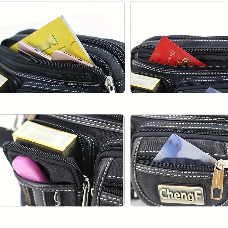 Vintage Canvas Bauchtasche mit mehreren Reißverschlusstaschen, verstellbarem Riemen, lässige Outdoor-Reise- und Fahrradtasche für Herren, für den täglichen Gebrauch – Detail 5