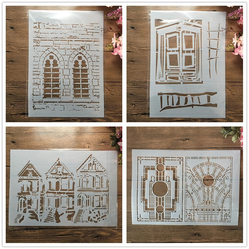 4Pcs A4 29cm House Building Window DIY Layering Stencils Wall Painting Scrapbook Coloring Embossing Album Decorative Template