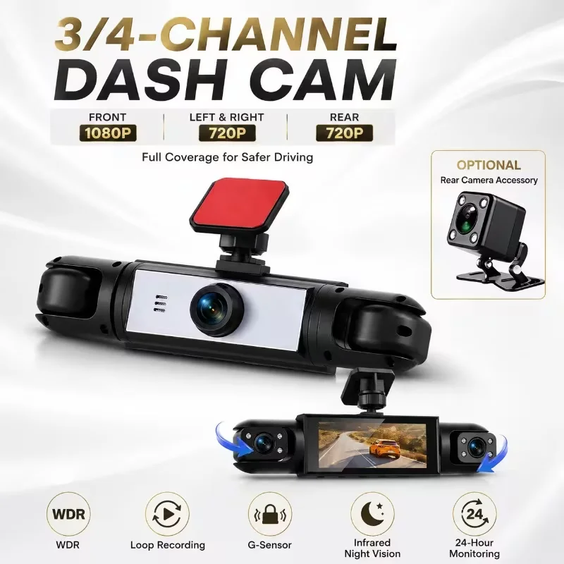 3/4 Channel Dash Cam,1080P Front 720P Rear Recording,170° Wide Angle,2-inch Screen,Night Vision Loop Car DVR
