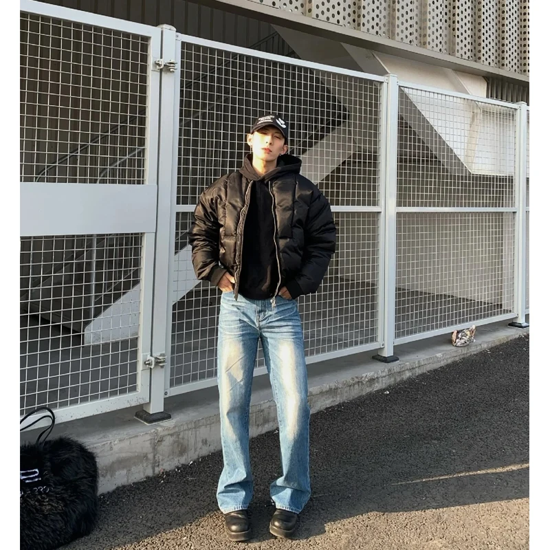 

American High Street Light Blue Men's Jeans Autumn Winter Trendy Brand Handsome Micro Flared Pants Straight Leg Jeans