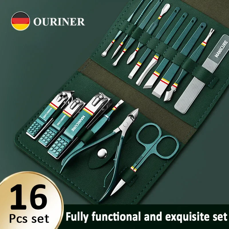 Ouriner 12/16 قطعة مجموعة أدوات قص الأظافر مجموعة الفولاذ المقاوم للصدأ مسمار كليبرز مجموعة مع حقيبة قابلة للطي مانيكير القاطع أطقم مقص أداة #1