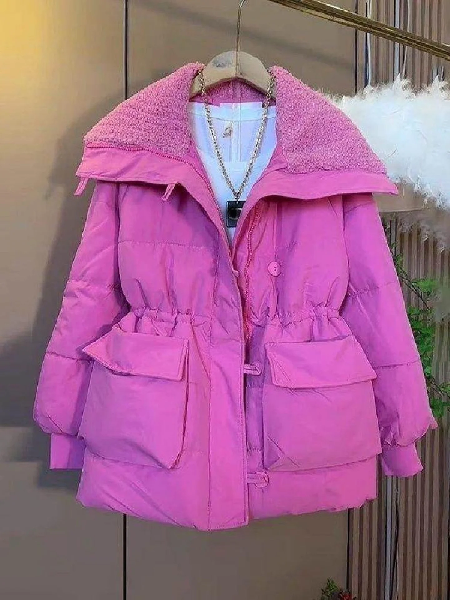 slimming-effect-tee-piece-set-coat-with-awl-collar-and-kets-for-commuting-waist-cinching-women's-plus-size-cotton-jaet