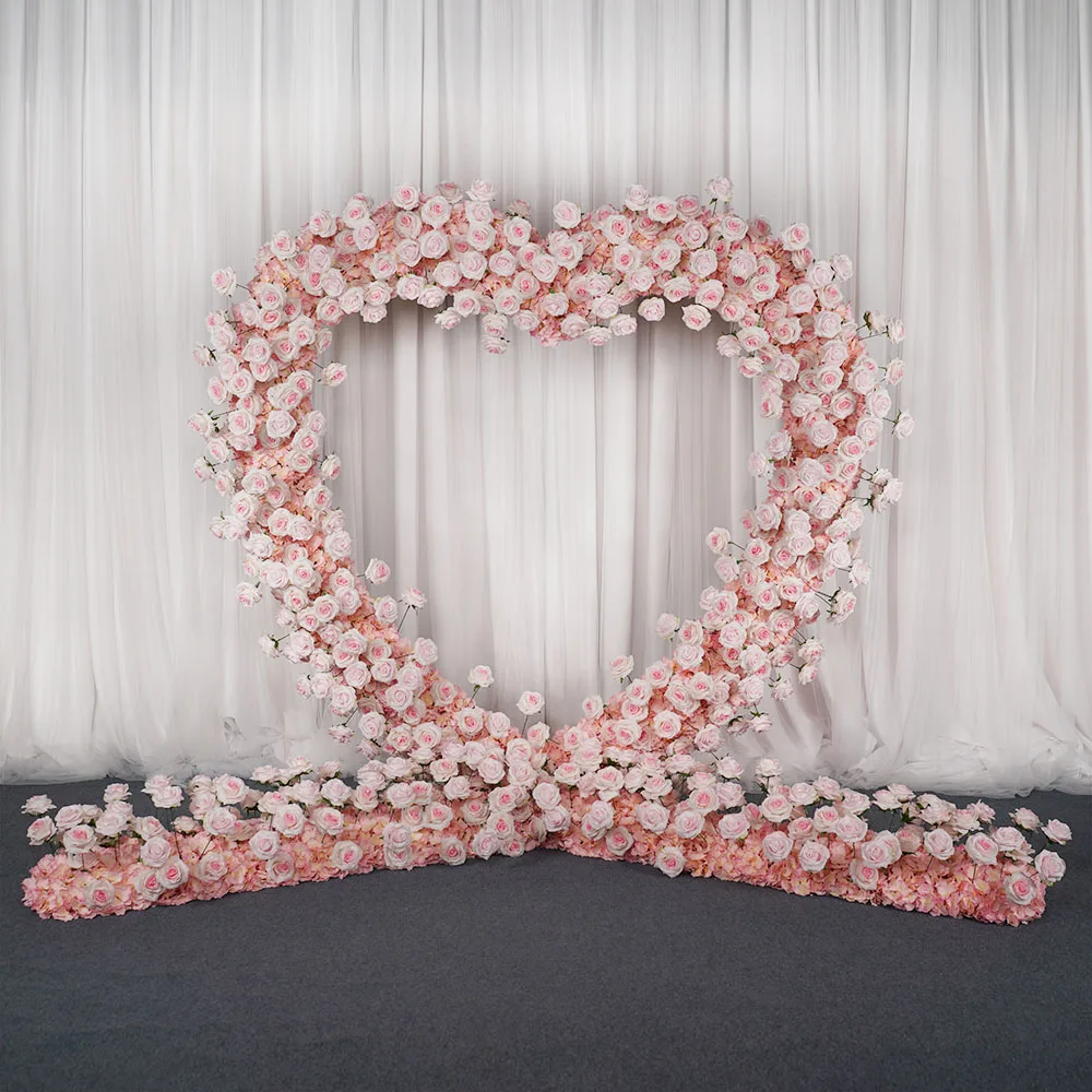 Uflower Luxury 5D Pink Floral Arrangement Heart-Shaped Frame Wedding Backdrop Decor Flower Row Party Arch Prop Stage Flower Wall