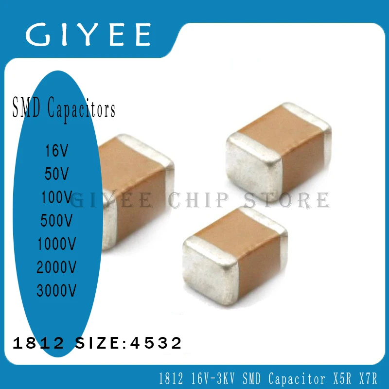 

10pcs 1812 4532 SMD Capacitors 16V 50V 100V 500V 1KV 2KV 3KV X5R X7R 1NF 10NF 100NF 1UF 2.2UF 4.7UF SMD Capacitors