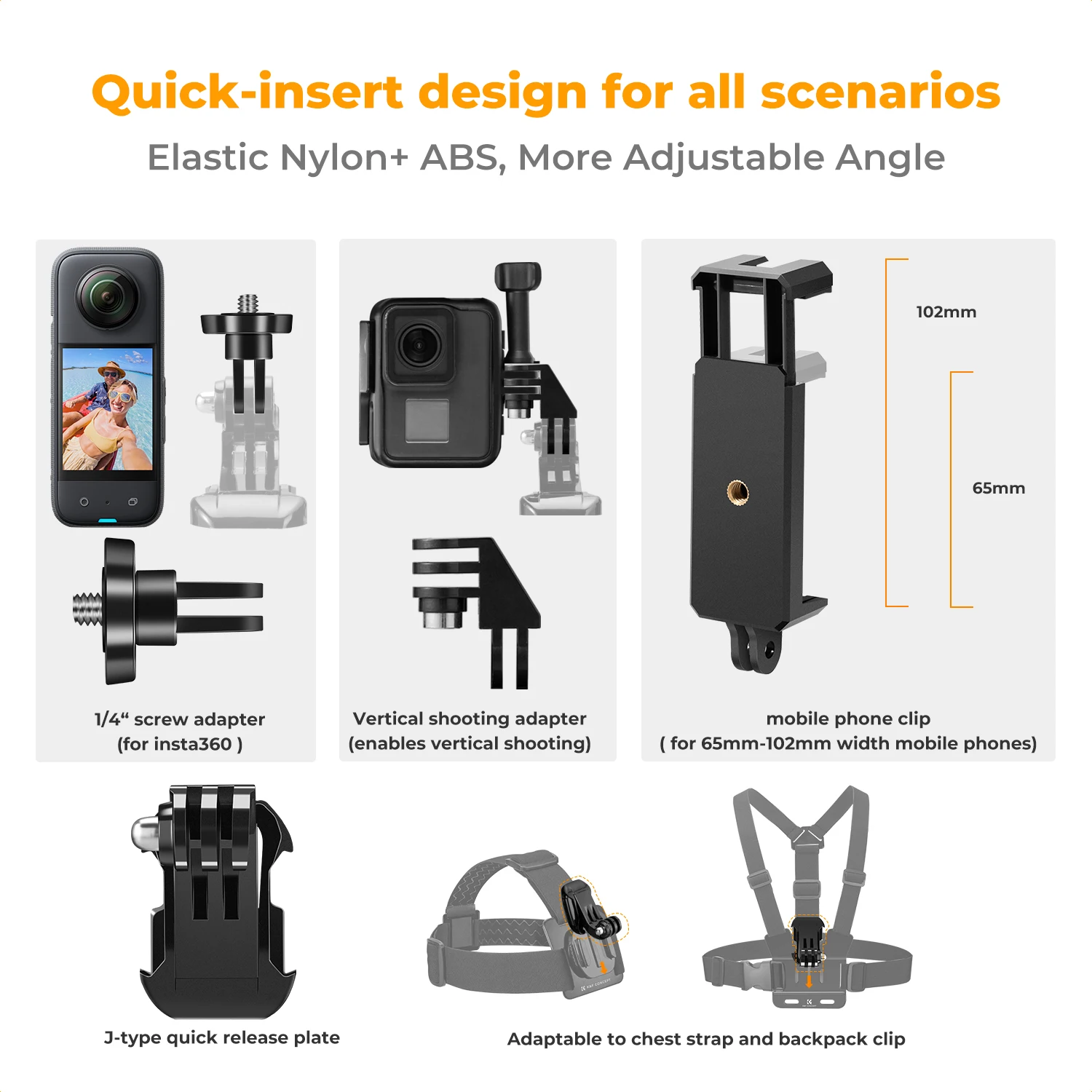 K&F Concept Action Camera Wearable Accessories Head Band+Chest strap+Wrist Strap+Backpack clip+Mobile phone clip For Dji Gopro