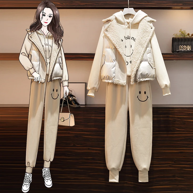 Women Winter Warm sports suit Fashion Hooded Sweatshirt Top+pant Three piece set Jacket Sportwear Casual tracksuit Matching 4XL