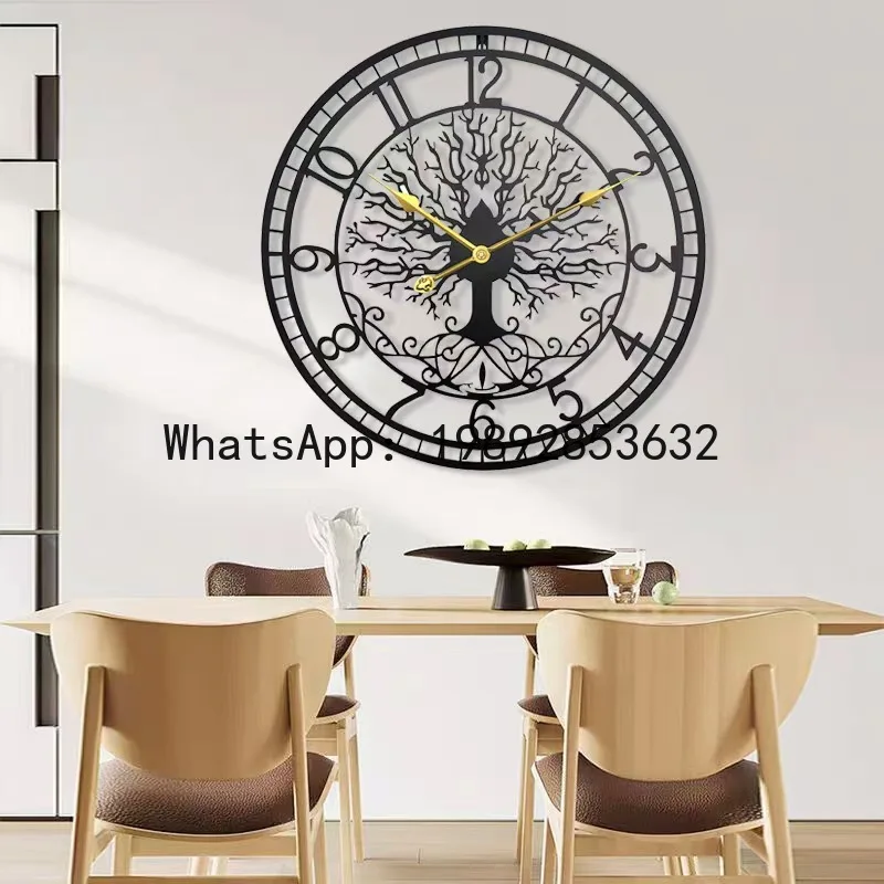 Hollow black metal line plant wall hanging wall clock tree of life clock gift