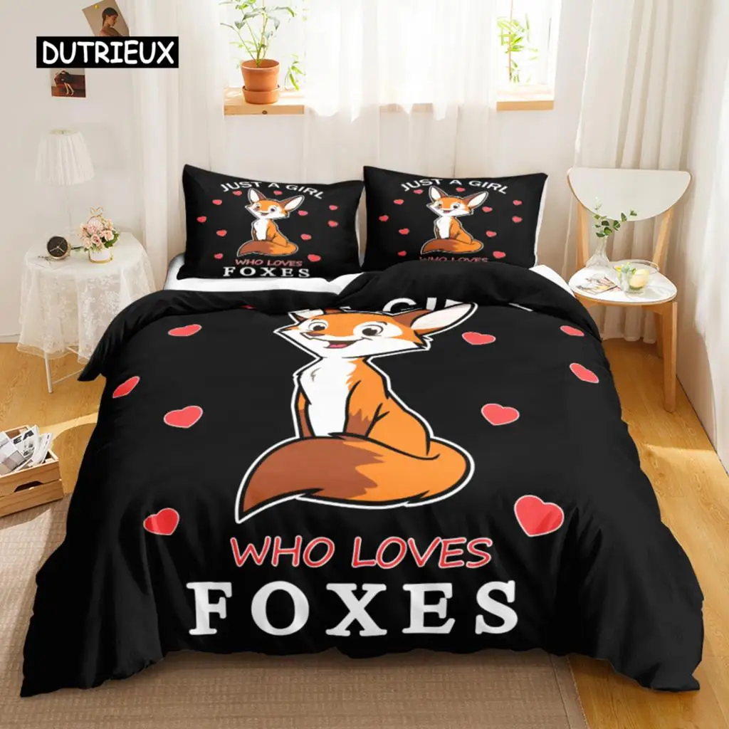 Fox Duvet Cover Set Kids Cartoon Fox Comforter Cover Cute Orange Wildlife Duvet Cover for Boys Animal Twin Polyester Bedding Set