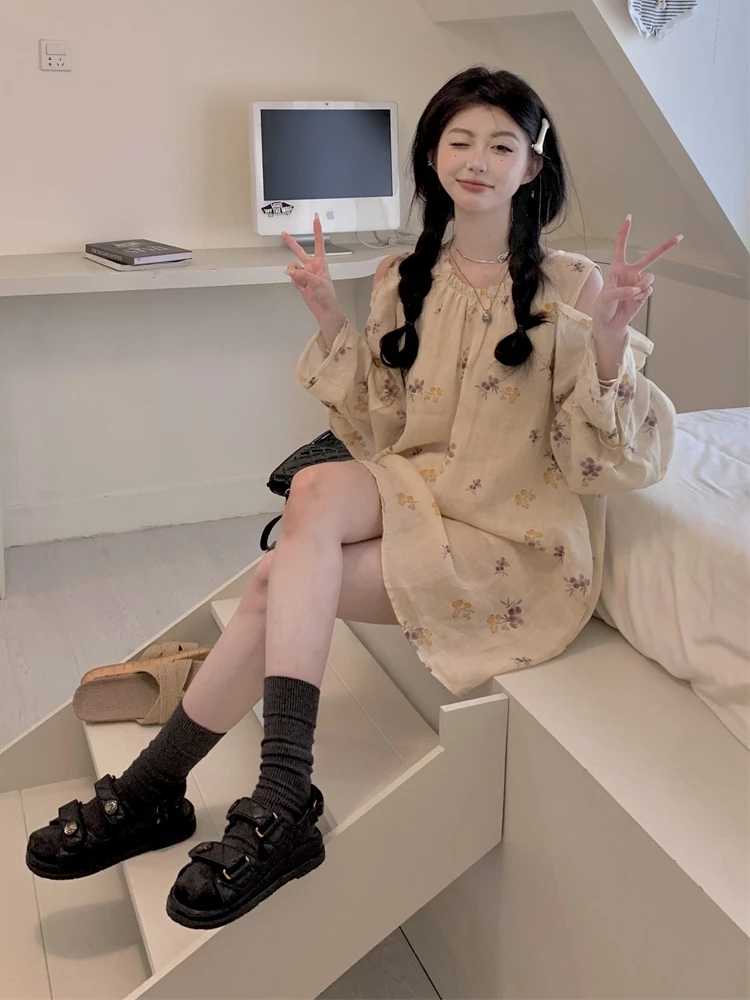 

plus Size Shoulder Bared Long Sleeve Dress Summer New Style Retro Loose Slimming Design Korean Commute Style Short Skirt