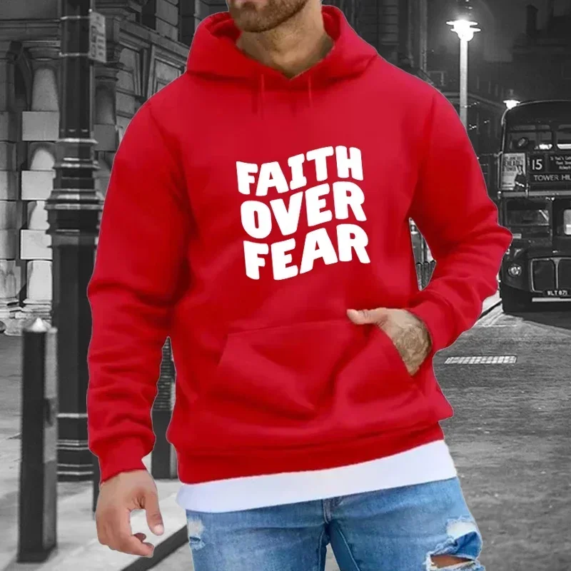 Faith Over Fear Print Hoodies Men's Long Sleeve Hoodie with Pockets, Casual Loose-Fit Sweatshirt Outdoor Sport Clothes