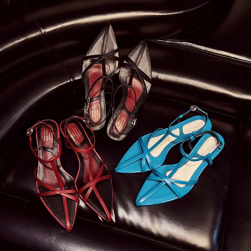 MKKHOU Fashion Sandals Women's New High Quality Genuine Leather Strap Combination Cat Heel Sandals Summer Open Shoes Women