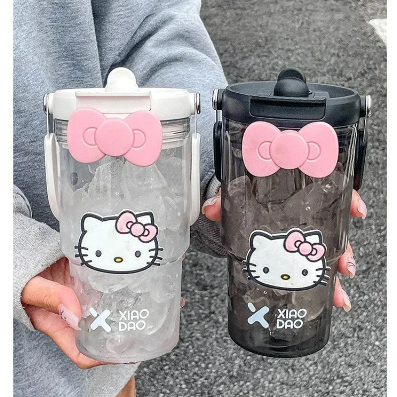 900ML Sanrio Hello Kitty Large Capacity Plastic Water Cup, Cartoon Portable Beverage Bottle, Outdoor Fitness Sports Straw Cup