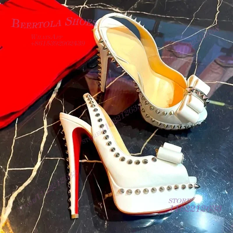 Pure White Rivet Trim Double Layer Bow Heel Girls Red Open Sandals Black Leather Beaded Platform Slingback Pump Peep Toe Shoes