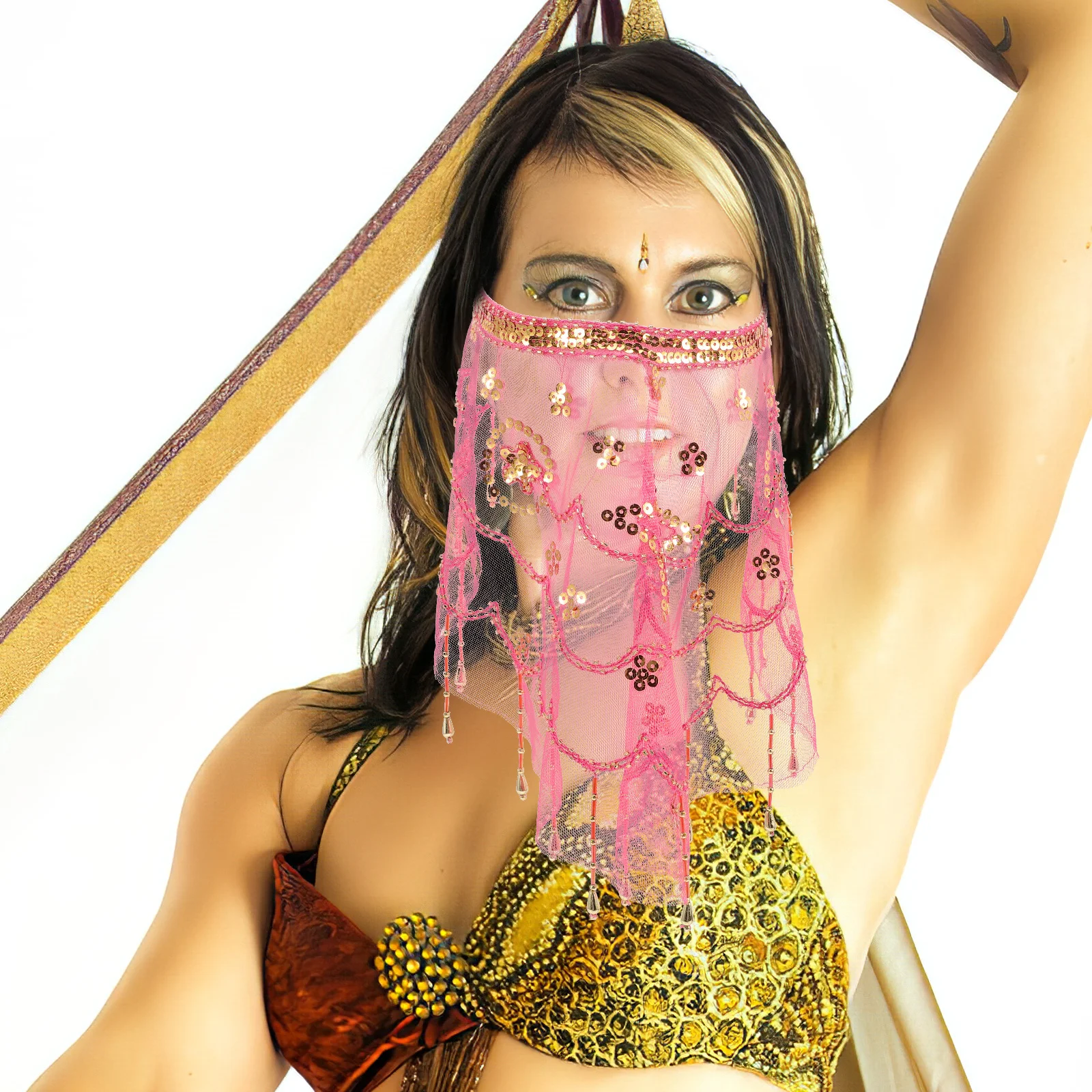 

Exquisite Gold Beaded Face Chain Mesh Veil for Women Girls Belly Dance Performance Costume Accessory Mysterious Masquerade Party