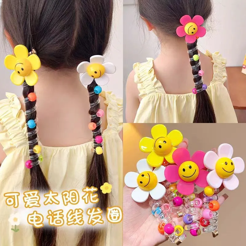 1PCS New Lovely Beaded Big Sun Flowers Elastic Spiral Head Rope Hair Rope Ponytail Hair Ring Rubber Band Headdress For Kids