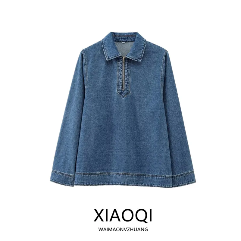 

Spring 2025 Women's Versatile Zipper f Plaet Collared Denim irt New Arrival Loose Fit Long Sve Regular Length