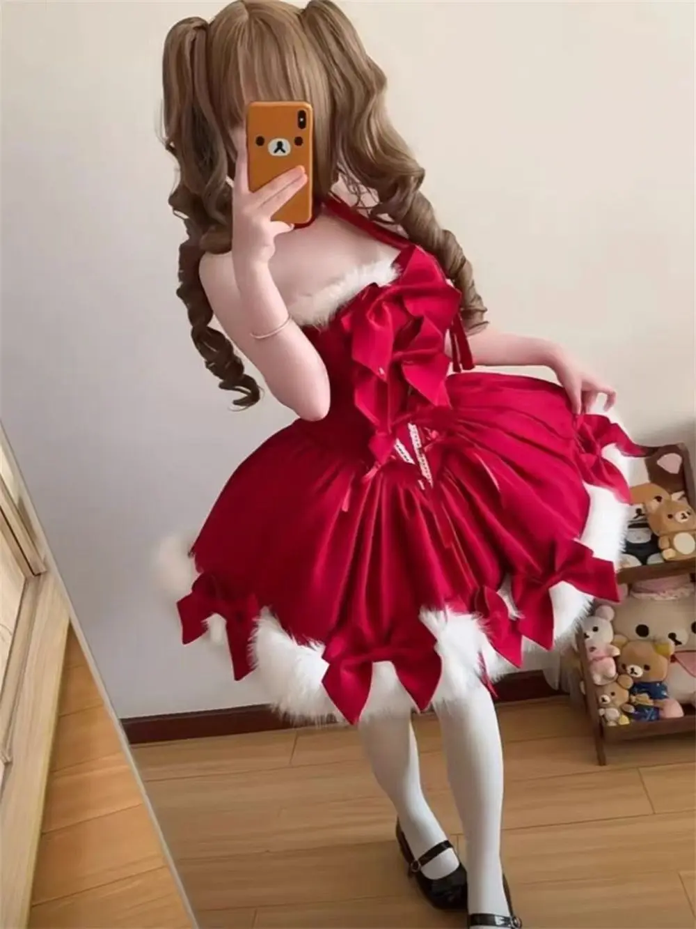 Christmas Japanese Sweet Lolita Style Dress Sets Women Cute Plush Shawl Short Hooded Cloak Bow Mini Skirt Kawaii Red Lolita Suit