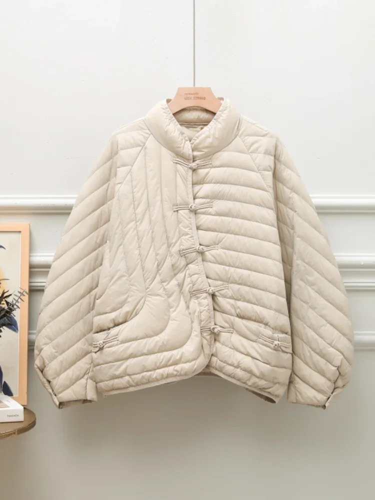 

Light Puffer Parka Outwear Women Stand Collar Single Breasted Coat Winter Casual Lady Loose Solid White Duck Down Coat