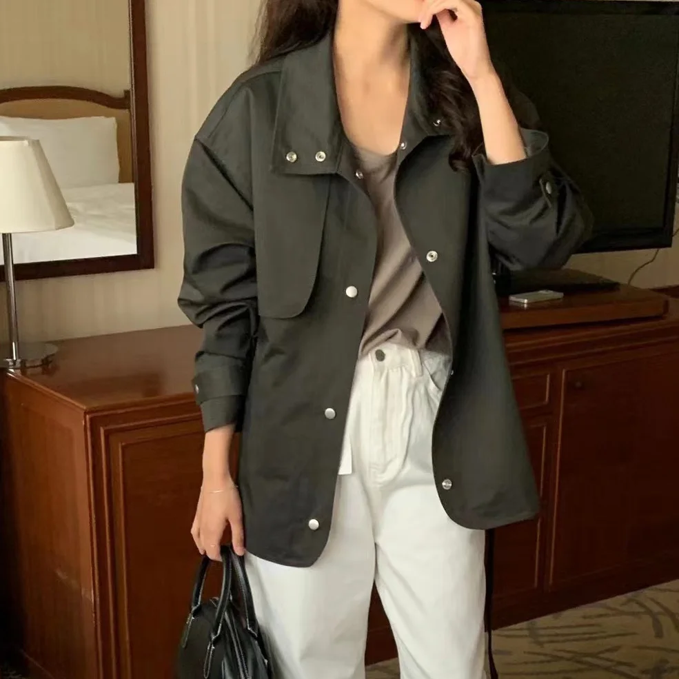Chic Early Autumn Casual Fashionable Retro Stand Collar Belted Loose Style Windbreaker Coat Women's Commute Long Sleeve Midi ...