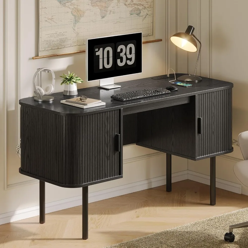 

55 inch slotted computer desk with charging station, medieval administrative desk, and 2 storage cabinets