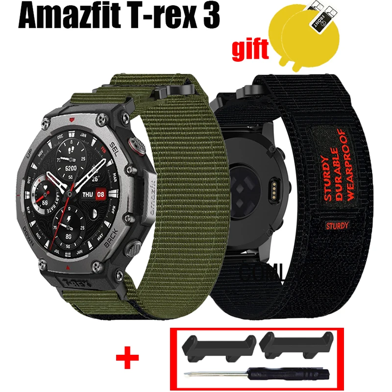 For Amazfit T-rex 3 Strap Smart Watch Nylon Canvas Sports Soft Band Screen protector film With adapter