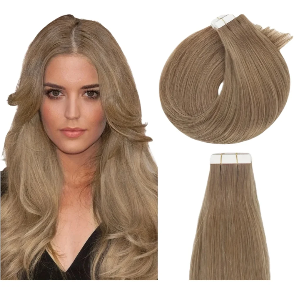 

Straight Tape-In Human Hair Extensions #8 Color, Long & Luscious, Perfect For Women, Easy To Style